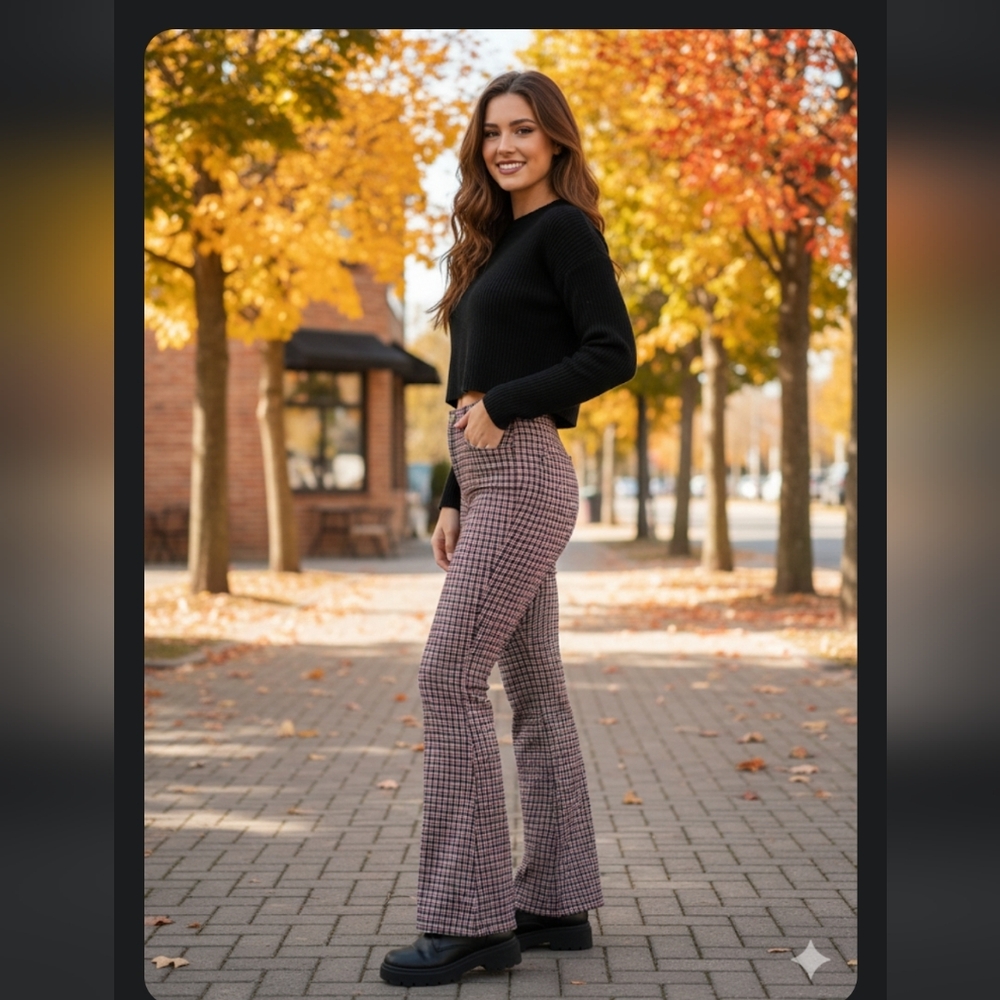 Hollister Red and Black Plaid Flare Pants